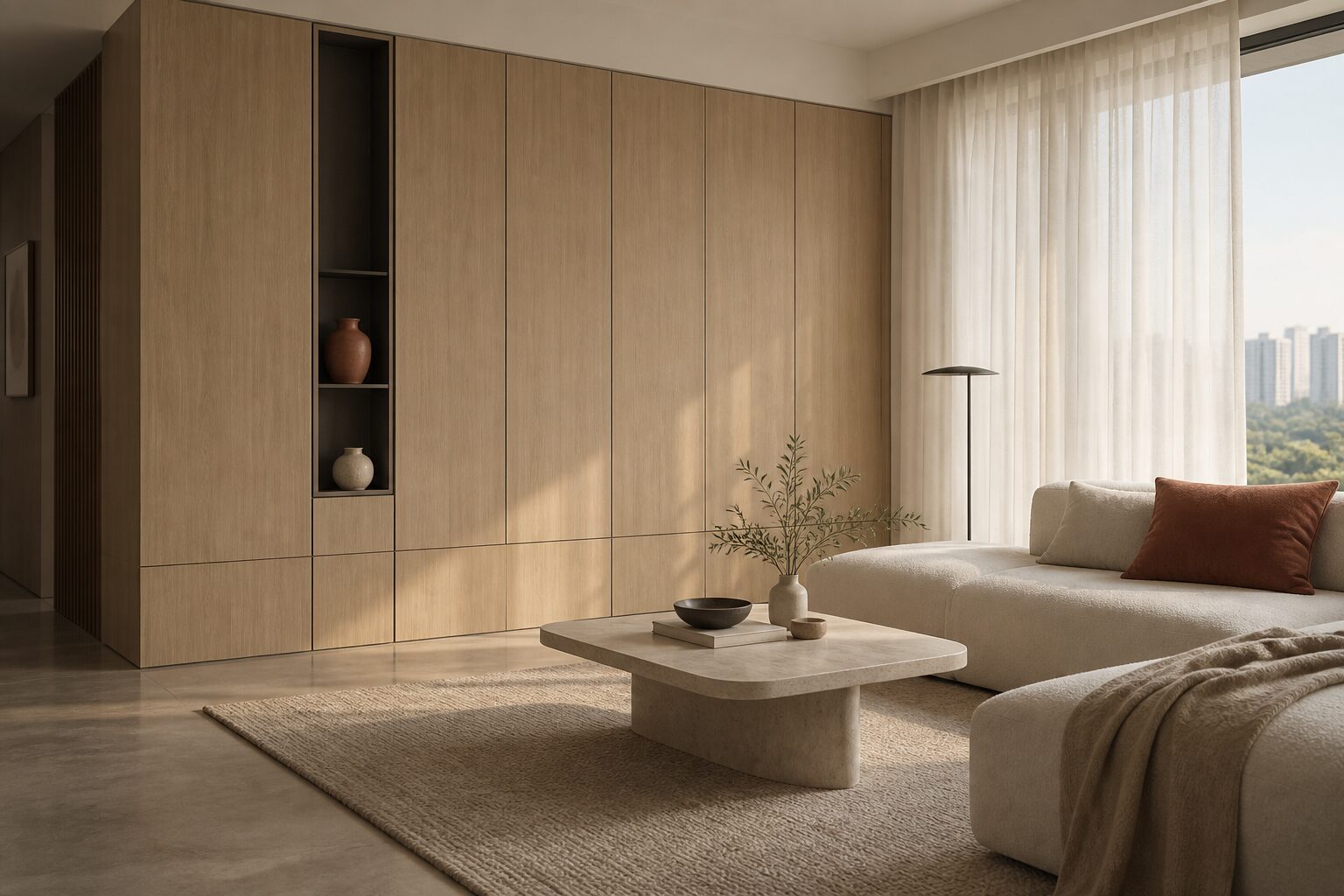 Living room with a full-height oak storage wall, low sofa and sheer curtain