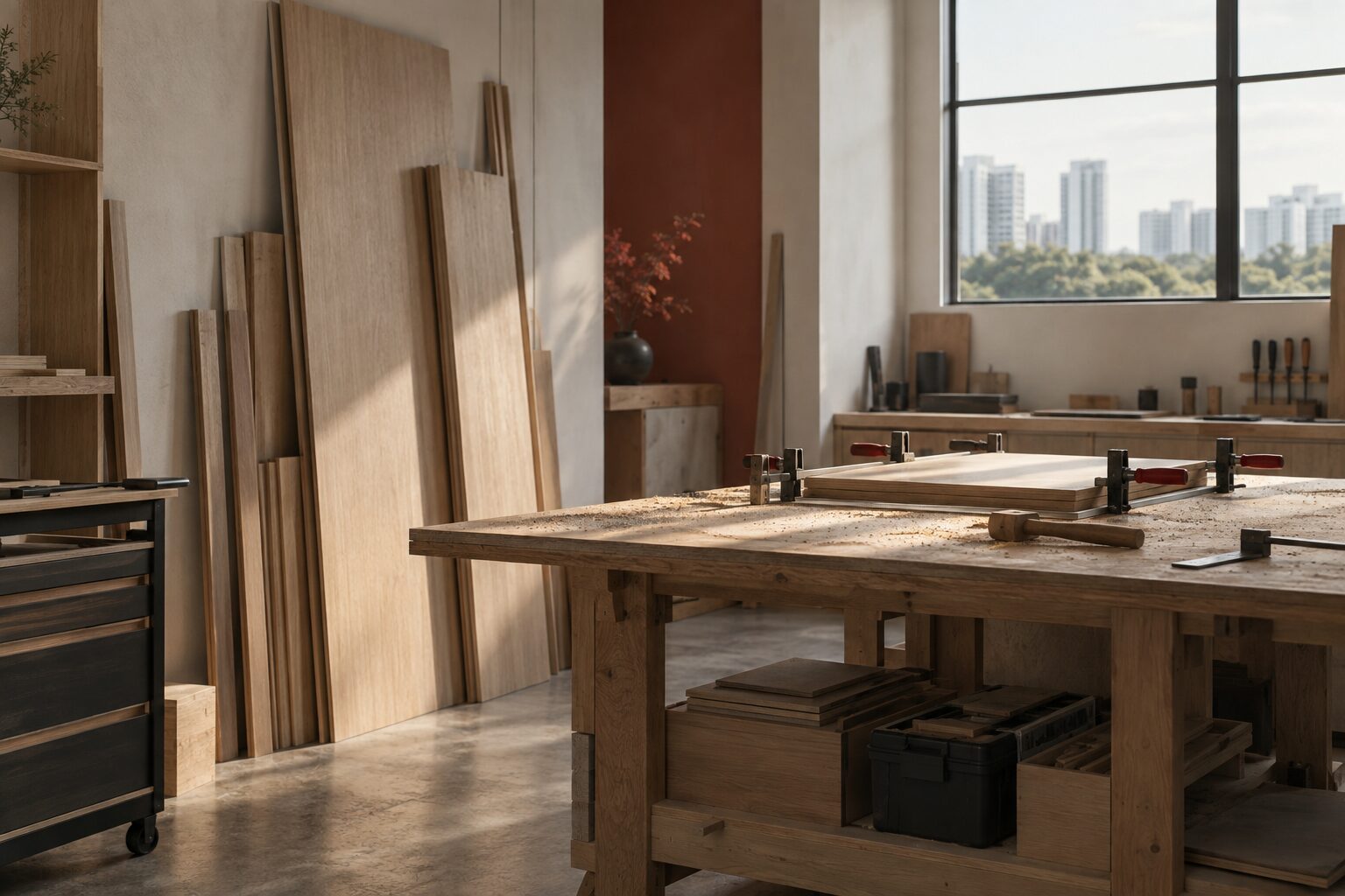 Carpentry workshop with stacked oak-veneered panels and an assembly bench